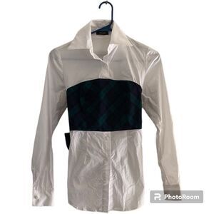 Petersyn White Button Down Plaid Tie Waist Shirt Size XS Made NY